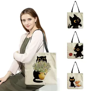 Cute Cartoon Black Cat Double Sided Print Women Handbags Wholesale Custom Thermal Transfer Tote Bags Polyester Shoulder Bags