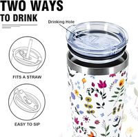 Tumbler dengan Tutup dan Sedotan, Mug Kopi Motif Bunga, Mug Perjalanan Berinsulasi Vakum Dinding Ganda, Dapat Digunakan Kembali