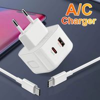 Adaptateur Chargeur Secteur 20W à 2 Ports USB-C et USB-A à Charge Rapide pour Téléphones Portables, Ordinateurs Portables et Tablettes, Compatible Prises EU, UK, US