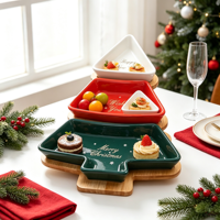 Plateau en céramique de Noël avec plateau en bois en forme d'arbre de Noël, assiette à collation, plat à fruits, plateau de service pour apéritifs, décoration de fête de Noël
