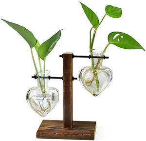 Retro Wooden Stand Heart Glass Hydroponic Vases Modern Plant Propagation Desktop Planter Home <b>Garden</b> Cylinder Shape - Product Image 1