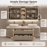Ensemble de meubles de salle de bain OEM modernes en bois massif style ferme, avec miroir LED argenté mural, évier étanche avec drain en cuivre et robinet, garantie 5 ans