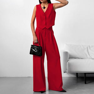 Top Casual da donna elegante in tinta unita con motivo tinta unita in due pezzi senza maniche con decorazione a bottoni per l'estate a lunga trama - Product Image 3