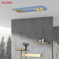 Nouvelle conception de pomme de douche LED dorée brossée avec musique, 7 fonctions, montage mural, cascade, pluie, ensemble de douche thermostatique pour salle de bain