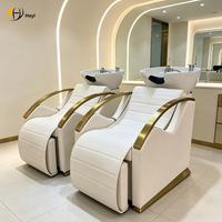 Fauteuil de lavage de luxe à base dorée, réglable manuellement, avec logo couleur personnalisable, pour salon de coiffure