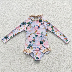 Trajes de baño para niñas pequeñas con estampado floral, manga larga, protección solar, trajes de baño tipo romper - Product Image 2