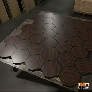 Panneaux muraux insonorisés décoratifs, insonorisés, ignifuges, réduction du bruit, panneaux hexagonaux en fibre <span class=keywords><strong>de</strong></span> <span class=keywords><strong>bois</strong></span> <span class=keywords><strong>de</strong></span> densité moyenne/<span class=keywords><strong>laine</strong></span> <span class=keywords><strong>de</strong></span> <span class=keywords><strong>bois</strong></span>/mousse - Product Image 2