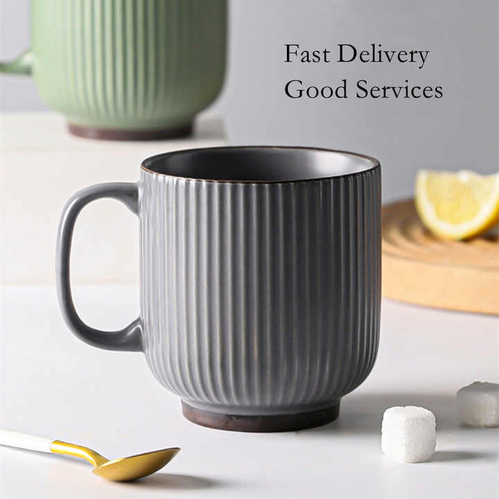 Wholesale Modern Vintage 12oz Green Grey White Glazed Unique Stripe Ceramic Coffee Mug