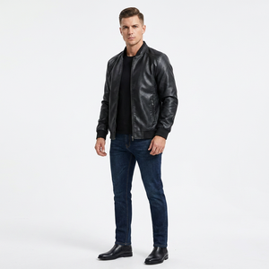 Blouson bomber en cuir véritable pour homme, noir, décontracté, fermeture éclair, coupe ajustée, léger, vêtement d'extérieur classique - Product Image 1