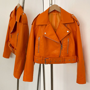 Chaqueta <span class=keywords><strong>de</strong></span> <span class=keywords><strong>cuero</strong></span> recortada para <span class=keywords><strong>mujer</strong></span> estilo motociclista ajustada con cuello <span class=keywords><strong>de</strong></span> solapa con muescas a la moda <span class=keywords><strong>de</strong></span> primavera y otoño - Product Image 5