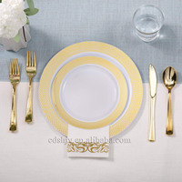 Assiettes jetables en plastique à bord doré, maille luxueuse, personnalisées pour les mariages et les réceptions