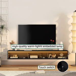 Meuble TV flottant sur pied avec éclairage LED, prise de courant, bois noir brillant, rangement réglable pour téléviseurs jusqu'à 65 pouces, idéal pour salon - Product Image 5