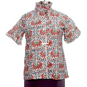 Women's Floral Print Mandarin Collar Blouse Short Sleeve Button <b>Down</b> Casual Top Spring Summer 100% Cotton Poplin Regular Fit - Product Image 1
