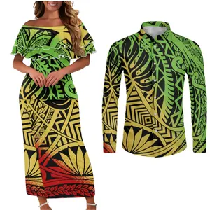 חליפות זוג בגדי פולינזי שבטי בגדי נשים הוואי פרחי קצף פלומריה הדפסה מותאמת אישית שמלת כתף