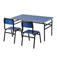 Ensemble de bureau et chaise scolaire double à hauteur fixe, table d'étude bleue avec 2 sièges, structure en métal robuste, mobilier de classe