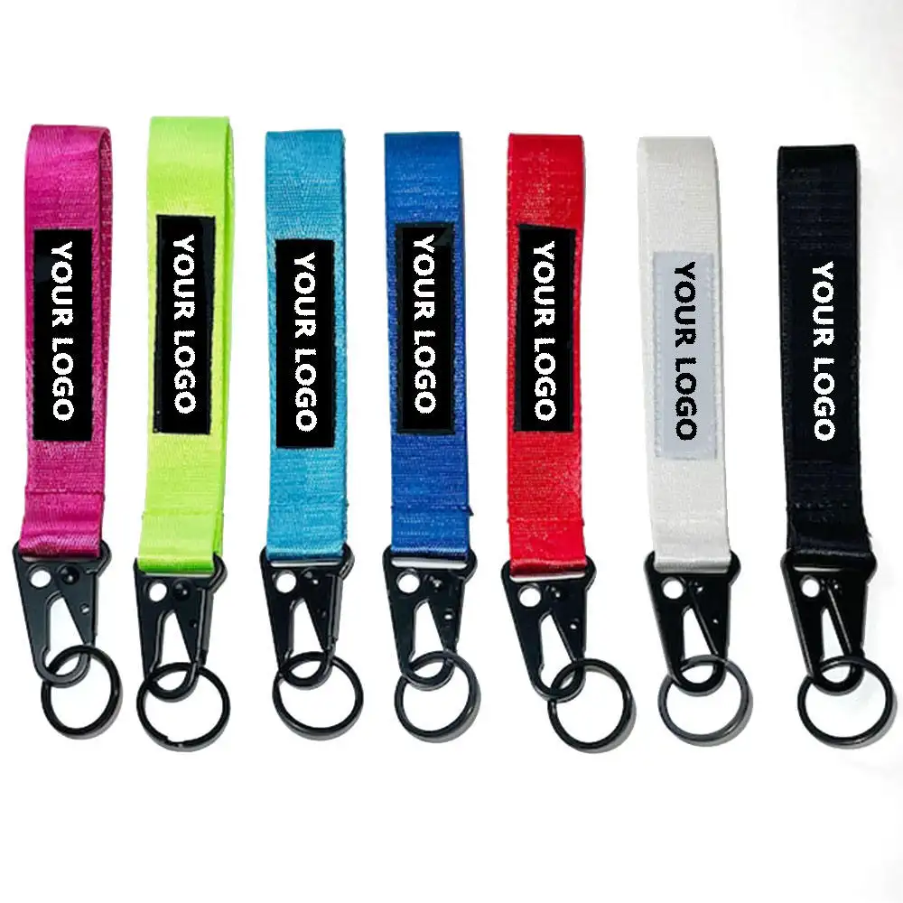 Tùy Chỉnh Polyester Dệt Vá In Logo Xe Máy Keychain Khuyến Mại Hawkbill Khóa Cổ Tay Ngắn Dây Buộc