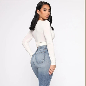 Nuova Maglietta Estiva da <span class=keywords><strong>Donna</strong></span> a <span class=keywords><strong>Maniche</strong></span> Lunghe, Sexy Crop Top Bianco e Nero, T-Shirt Femminile alla Moda - Product Image 6