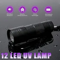 Lampe Torche UV Portable 12 LED 395 NM, Détecteur de Lumière Noire pour Urine de Chien et Taches d'Animaux, USB ABS XPE, en Aluminium Noir
