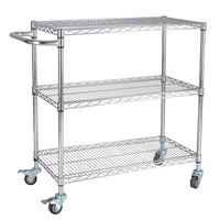 Chariot réglable à 3 niveaux avec poignée à double sangle Chariot robuste en métal chromé avec étagère en fil de chrome