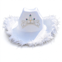 Chapeau de cowboy glamour à bord large avec garniture en plumes et couronne en strass pour femme, idéal pour enterrement de vie de jeune fille, carnaval, scène, festival, défilé