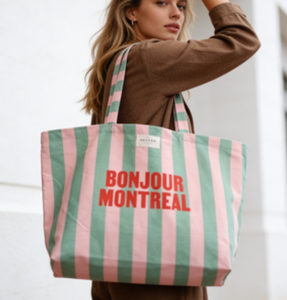 Sac fourre-tout en toile de coton rose et jaune, grand format, avec logo rayé personnalisé, idéal pour le shopping, les courses ou les week-ends – Vente en gros usine - Product Image 4