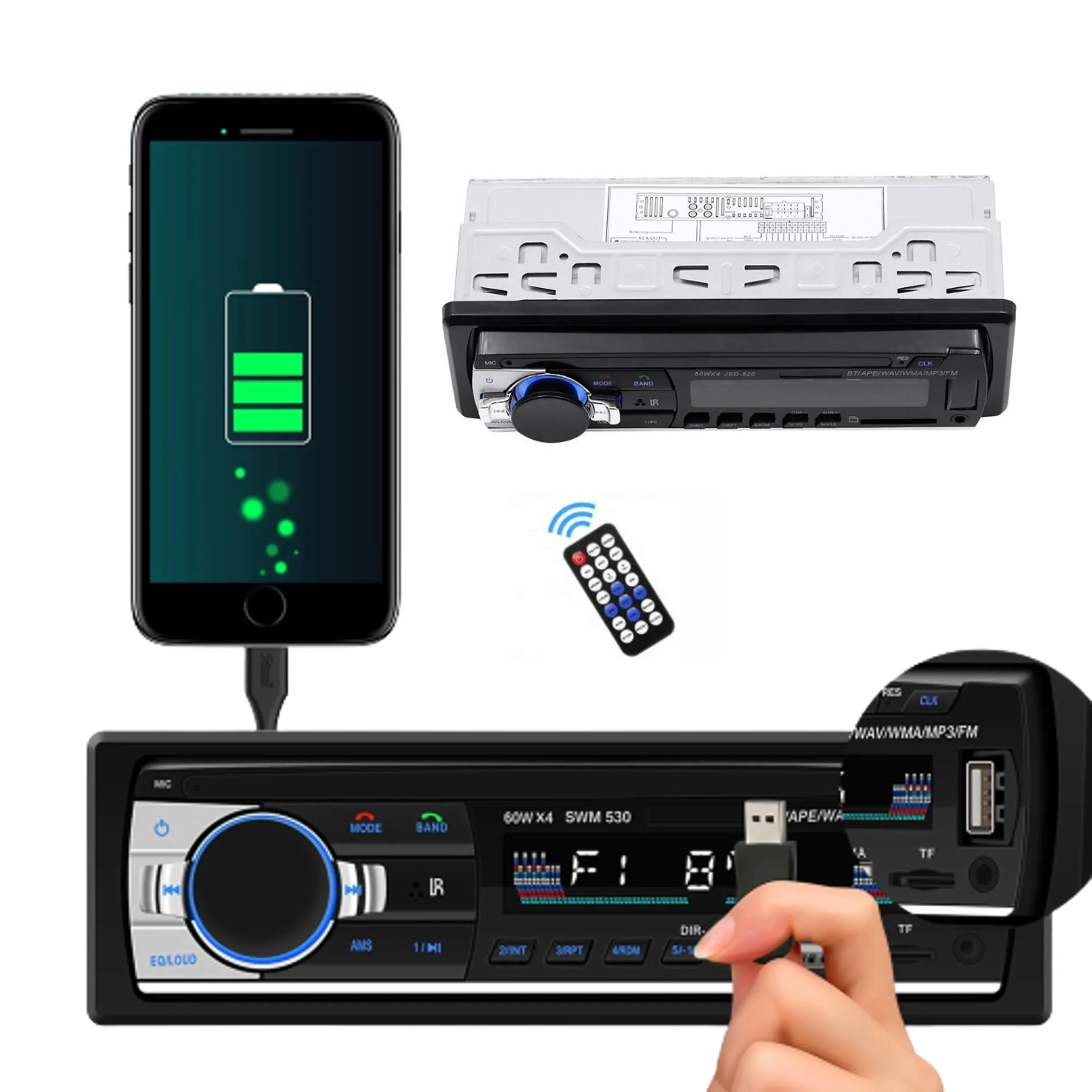 X-star 1 Din Car Radio Stereo FM Aux Input Receiver SD TF USB JSD-520 12V In-dash 60Wx4 MP3 Multimedia Autoradio Player