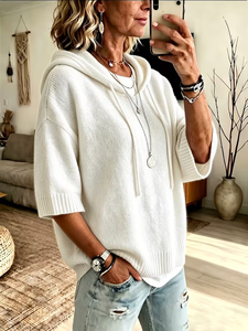Women's White Hooded Knit <strong>Poncho</strong> 2026 Summer Fall Oversized Faux-Cashmere Sweater 100% Polyester Minimalist <strong>Jumper</strong> - Product Image 3
