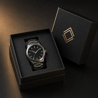 Boîte rigide noire mate en obsidienne, deux pièces avec couvercle, logo en feuille d'or, boîte cadeau personnalisée pour montre-bracelet, emballage de luxe