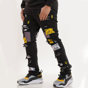 DiZNEW جينز دينم رجالي, DiZNEW جينز دينم رجالي ضيق مزين بقطع وسحّاب باللون الأسود ومطرز - Product Image 4