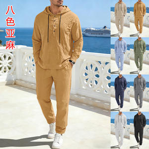 Conjunto de Pantalones y Sudadera con Capucha para Hombre, de Lino, con Cordón Ajustable, Manga Larga, Color Sólido, Ropa Casual para Ocio, Tejido de Punto DF-190 - Product Image 3