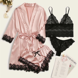 2024 nouvelle bonne qualité Satin <span class=keywords><strong>nuisette</strong></span> en gros femmes Robe 4 pièces pyjamas érotique Lingerie ensemble Kimono soie vêtements de nuit - Product Image 1