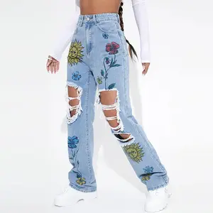 Женские винтажные джинсы, светло-голубые прямые джинсы с высокой талией и цветочным принтом, 2023