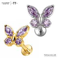 Piercing de cartilage ASTM F136 G23 en titane, motif papillon, avec zircone cubique (CZ) violette, taille marquise et ronde, 16G, à filetage interne et dos plat