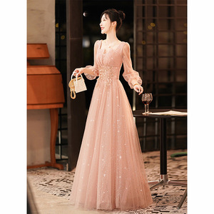 Elegant V-Neck A-Line Evening Dress Fairy Powder Organza Empire Waistline Zipper Closure For Hostess Banquets - Product Image 1