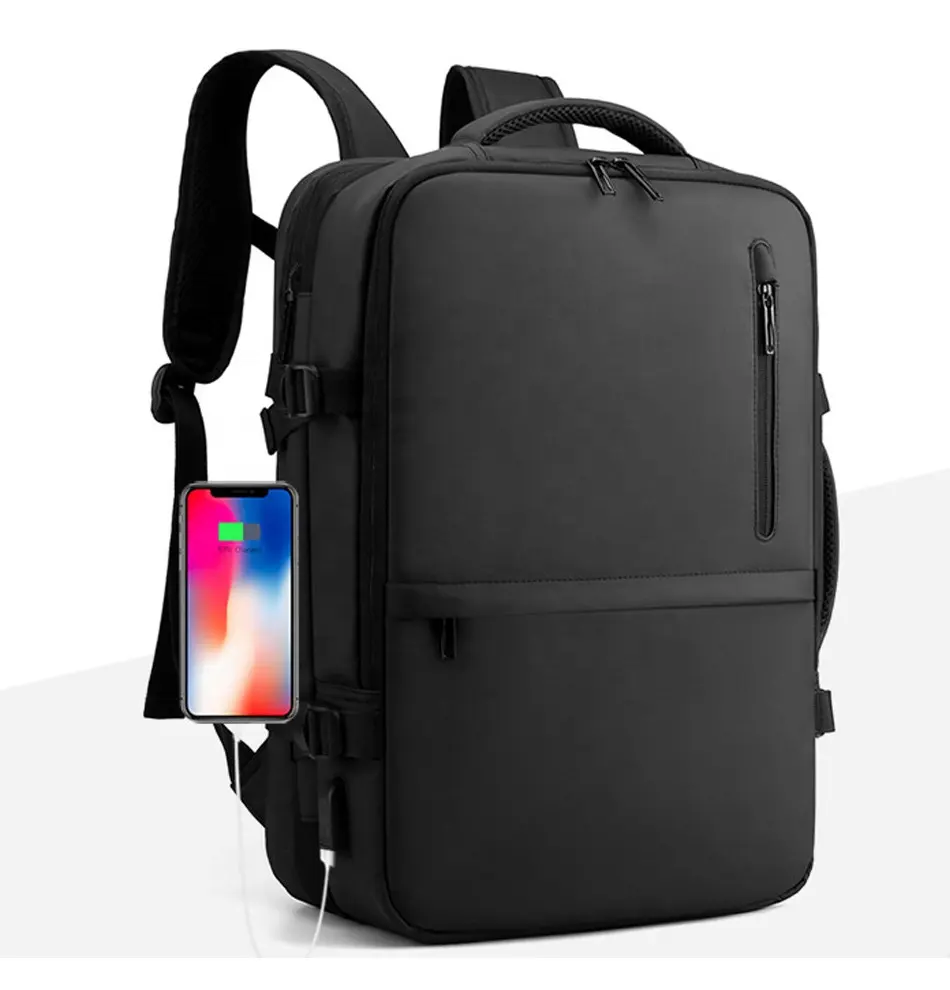 Mochila de logotipo personalizado para viagem, expansível, à prova d' água, durável, para laptop, grande, de negócios, com porta de carregamento usb para homens