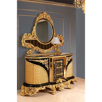 Lit King Size en Bois Massif Sculpté à la Main avec Feuille d'Or Haut de Gamme, Style Européen Traditionnel Turc, Ensemble de Meubles de Luxe pour Chambre Principale