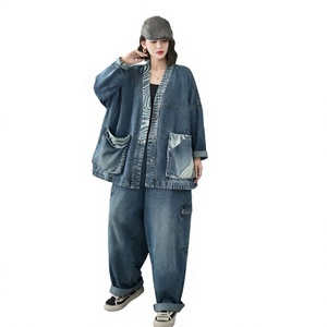 Oversized Denim Jacket and <b>Wide</b> <b>Leg</b> <b>Cargo</b> Pants Set Contrast Print Two Piece Outfit for Spring Autumn Casual Wear - Product Image 2