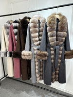 Manteau long en laine Janveny 2026 pour femme, chaud, avec poignets en vraie fourrure de renard et ceinture, en mélange de laine