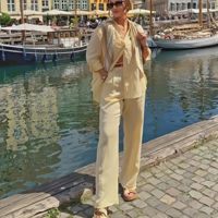2025 nouveauté femmes chemise en lin et pantalon ensemble décontracté coupe ample couleur Pure deux pièces tenue printemps été mode