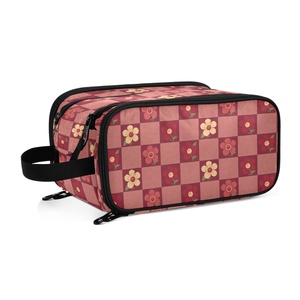 Bolsa de Maquillaje Portátil a Cuadros Rojos de Moda con Dos Compartimentos con Cremallera, Bolsa de Cosméticos Grande de Viaje, Bolsa con Cremallera Floral Personalizada con Logotipo - Product Image 1