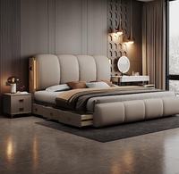 Lit king-size italien blanc éclairé, cadre réglable, style minimaliste, en bois de pin, avec rangement, revêtement en cuir luxueux, haut de gamme