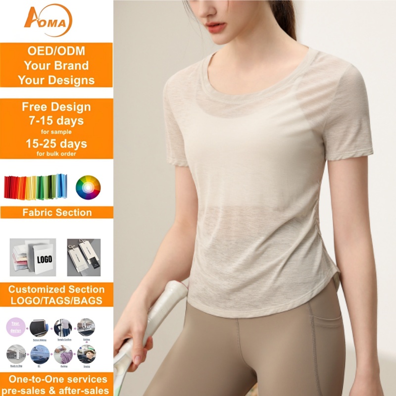 Aoyema Gym Women Top Short-sleeved Women's Flying Waist Slim-fit Breathable 100% Polyester Pilates Fitness Summer Sportswear
