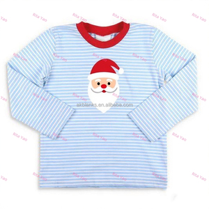 Camisas navideñas de manga larga con cuello redondo para bebé, camisetas de algodón a rayas pequeñas verdes y rojas con bordado de Papá Noel personalizado para niño pequeño - Product Image 2