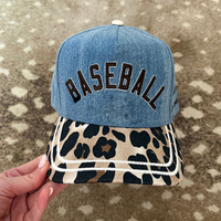Casquettes de baseball en jean bleu personnalisées à 5 panneaux avec broderie 3D, style Dad Hat, imprimé léopard sur la visière, pour cowgirl, avec fermeture Snapback