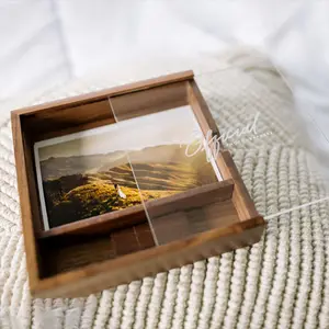 Wooden Boxes With Lids Luxury Dark Color Walnut Wood Album Gift Box With Acrylic Lid 4*6 Inch Wooden Photo Box