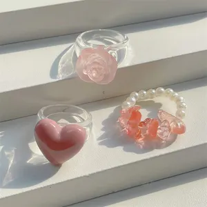 Anillos acrílicos de perlas de imitación para niña y mujer, conjuntos transparentes de rosas, joyería 2022