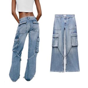 กางเกงคาร์โก้ผ้าเดนิมทรงหลวมขาบานเอวกลางสำหรับผู้หญิง ผ้าฝ้าย 100% พร้อมสายรัด - Product Image 1