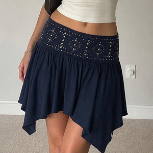 Women High Waist Asymmetrical <b>Mini</b> <b>Skirt</b> With Rhinestone Decoration Solid Color <b>Pleated</b> Hem Knit <b>Skirt</b> Y2K Street Style Fashion - Product Image 1