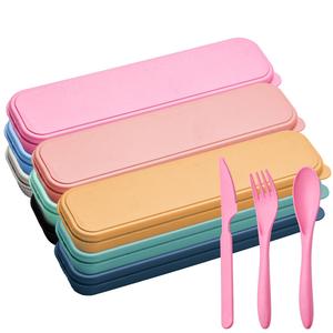 Ensemble de <span class=keywords><strong>couverts</strong></span> de voyage écologiques sans BPA en paille de blé réutilisable, couteau, fourchette, cuillères, vaisselle, avec étui - Product Image 2