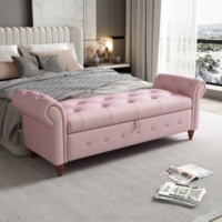 Banc de rangement Chesterfield de luxe capitonné rose avec accoudoirs roulés, ottoman rembourré pour la fin du lit, idéal pour les meubles de villa et d'hôtel